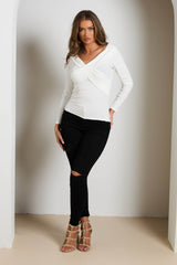 Cream Rib Off The Shoulder V Front V Back Long Sleeve Top - Everly