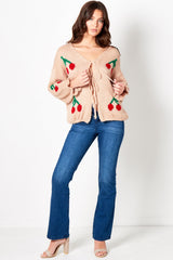 Pink Cherry Print Knit Tie Front Cardigan- Misha