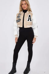 Beige Faux Leather Cropped Contrast Graphic Bomber Jacket - Bellara