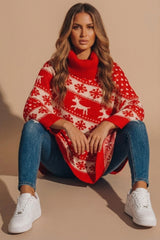 Red Christmas Reindeer Fair Isle Knit Poncho - Traix