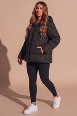 Black Padded Zip Up Hooded Puffer Jacket - Riley
