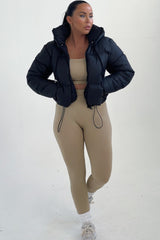 Black Hooded Drawstring Cropped Puffer Jacket - Stacey