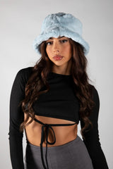 Sky Blue Faux Fur Bucket Fluffy Soft Winter Hat- Sona