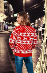 Red Reindeer And Snowflake Print Long Sleeve Knit Christmas Jumper - Holly
