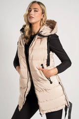 Beige High Neck Zip Up Sleeveless Hooded Padded Midi Gilet - Kenley