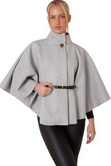 Grey Belted High Neck Cape Coat - Vivienne