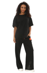 Black Oversized Relaxed Fit with Lengthy Tee and Wide-Leg Trousers-Arielle