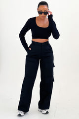 Black Button Up Double Pocket Cargo Trousers - Laya