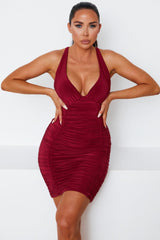 Wine Slinky Ruched Plunge Bodycon Mini Dress - Azaria