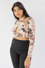 Beige Marble Print Slinky Cross Wrap Halter Crop Top - Donelia