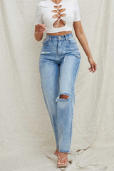 Blue Light Wash High Waisted Ripped Straight Leg Jeans - Eyana