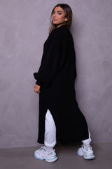 Black Knitted Balloon Sleeve Side Split Longline Midi Cardigan- Emmy