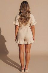 Beige Pleated Frill Ruffle Shirt Short Playsuit - Dora