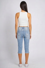 Blue Ripped Cropped Denim Distressed Knee Detail Jeans -Virella