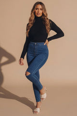 Blue High Waisted Skinny Soft Touch Skinny Jeans With Rip Detail  - Delilah