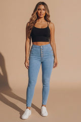 Light Blue High Waisted Button Detail Skinny Jeans – Mia