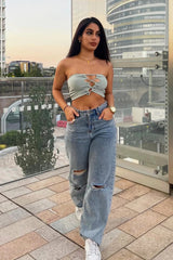 Sage Strapless Lace Up Cut Out Crop Top - Helen