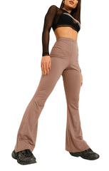 Mocha Wide Ribbed Basic Flared High Waist Fit Trousers- Clara
