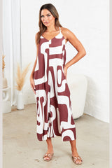 Brown And White Strappy Backless Geometric Print Wide Leg Jumpsuit - Renata