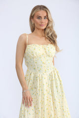 Yellow Floral Printed Strappy Front Buttons Midi Sundress - Clover