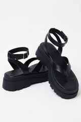 Black Toe Thong Chunky Platform Ankle Strap Sandals - Luretta