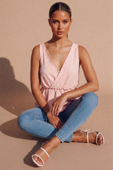 Dusty Pink Lace Trim Wrap Peplum Top- Riuhan
