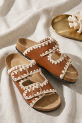 Tan Crochet Trim Double Buckle Slip-On Sandals - Stylin