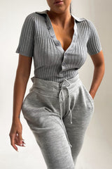 Grey Buttoned Up Short Sleeve Ribbed Bodysuit - Joni