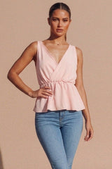 Dusty Pink Lace Trim Wrap Peplum Top- Riuhan