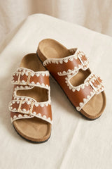 Tan Crochet Trim Double Buckle Slip-On Sandals - Stylin