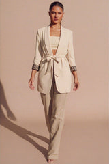 Beige Belted Leopard Print Cuff Detail Blazer- Finon