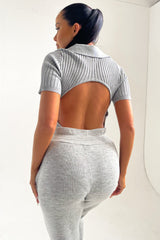 Grey Buttoned Up Short Sleeve Ribbed Bodysuit - Joni