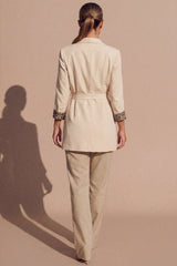 Beige Belted Leopard Print Cuff Detail Blazer- Finon