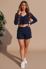 Navy Ribbed Ruched Long Sleeve Crop Top & Shorts Set - Zebra