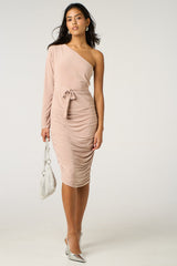Stone One Shoulder Ruched Slinky Midi Dress - Savannah