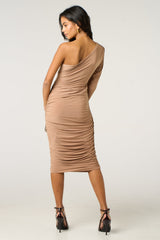 Beige One Shoulder Ruched Slinky Midi Dress - Savannah