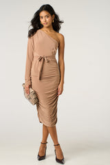 Beige One Shoulder Ruched Slinky Midi Dress - Savannah