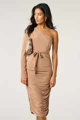 Beige One Shoulder Ruched Slinky Midi Dress - Savannah