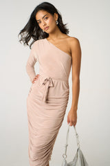 Stone One Shoulder Ruched Slinky Midi Dress - Savannah