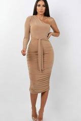 Beige One Shoulder Ruched Slinky Midi Dress - Savannah