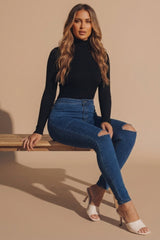 Blue High Waisted Skinny Soft Touch Skinny Jeans With Rip Detail  - Delilah