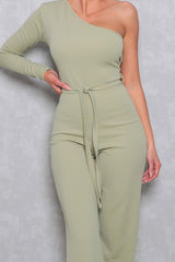 Sage Belted One Shoulder Jumpsuit - Evelyn