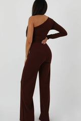 Brown Belted One Shoulder Jumpsuit - Evelyn