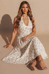 Cream Floral Halterneck Midaxi Skater Dress- Canal
