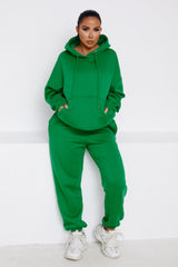 Green Oversized Front Pocket Pullover Hoodie Cuffed Joggers Loungewear Set - Alexia