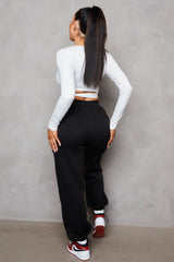 Black Oversized High Waisted Shirred Drawstring Pocket Detail Cuffed Joggers - Samira