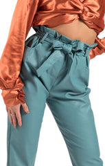 Sage Faux Leather High Waisted Belted Paperbag Trousers- Willow