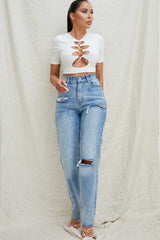 Blue Light Wash High Waisted Ripped Straight Leg Jeans - Eyana