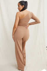 Camel Belted One Shoulder Jumpsuit - Evelyn