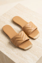 Camel Quilted Flat Slip-On Sandals with Gold Toe Detail - Yora